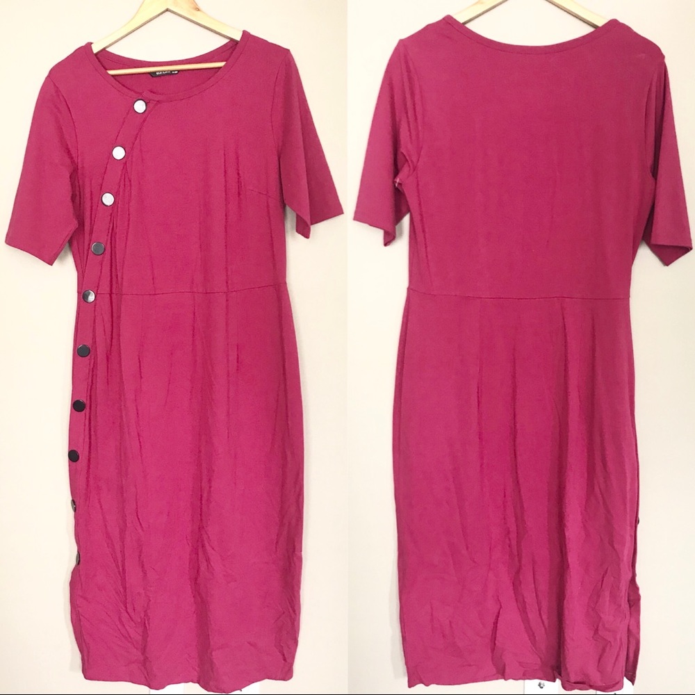 eShakti Pink Side Black Button Maxi Dress 1X 18W. Side split.